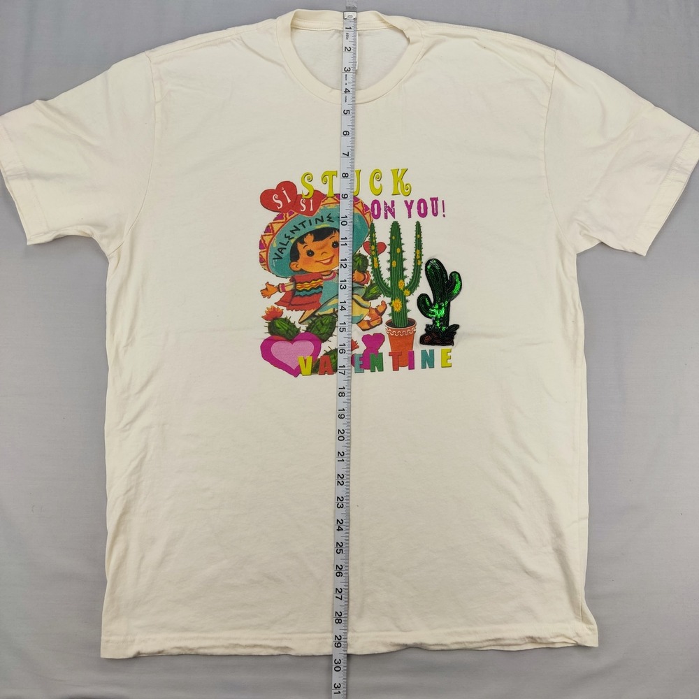 Next Level T-Shirt Mens XL Cream Stuck On You Valentine Retro Sequin Cactus Tee - Picture 6 of 6